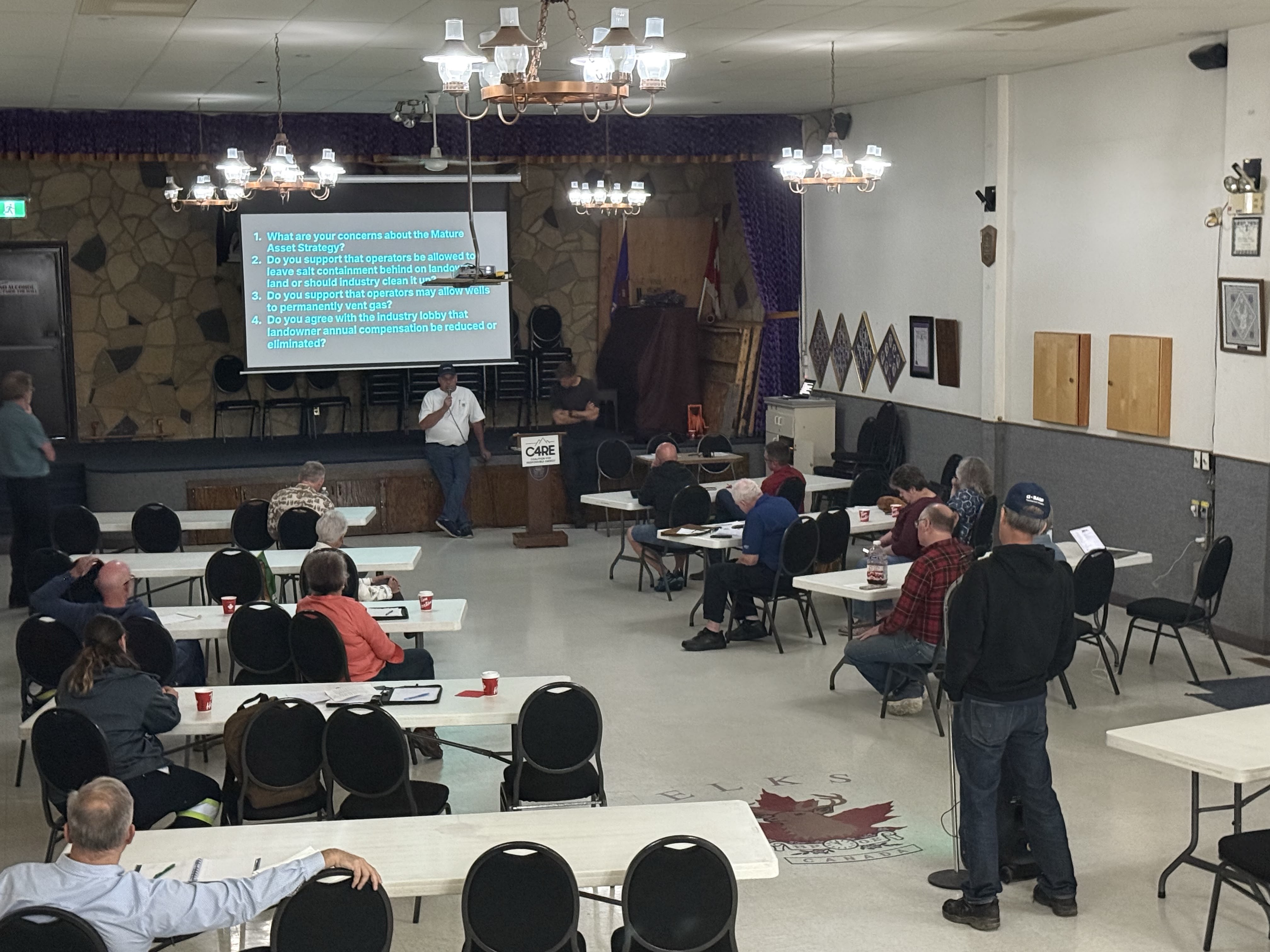Attendees at the Didsbury town hall meeting filling the Elks Hall, with people from Calgary, Didsbury, Innisfail, and Trochu gathered to discuss the Mature Asset Strategy